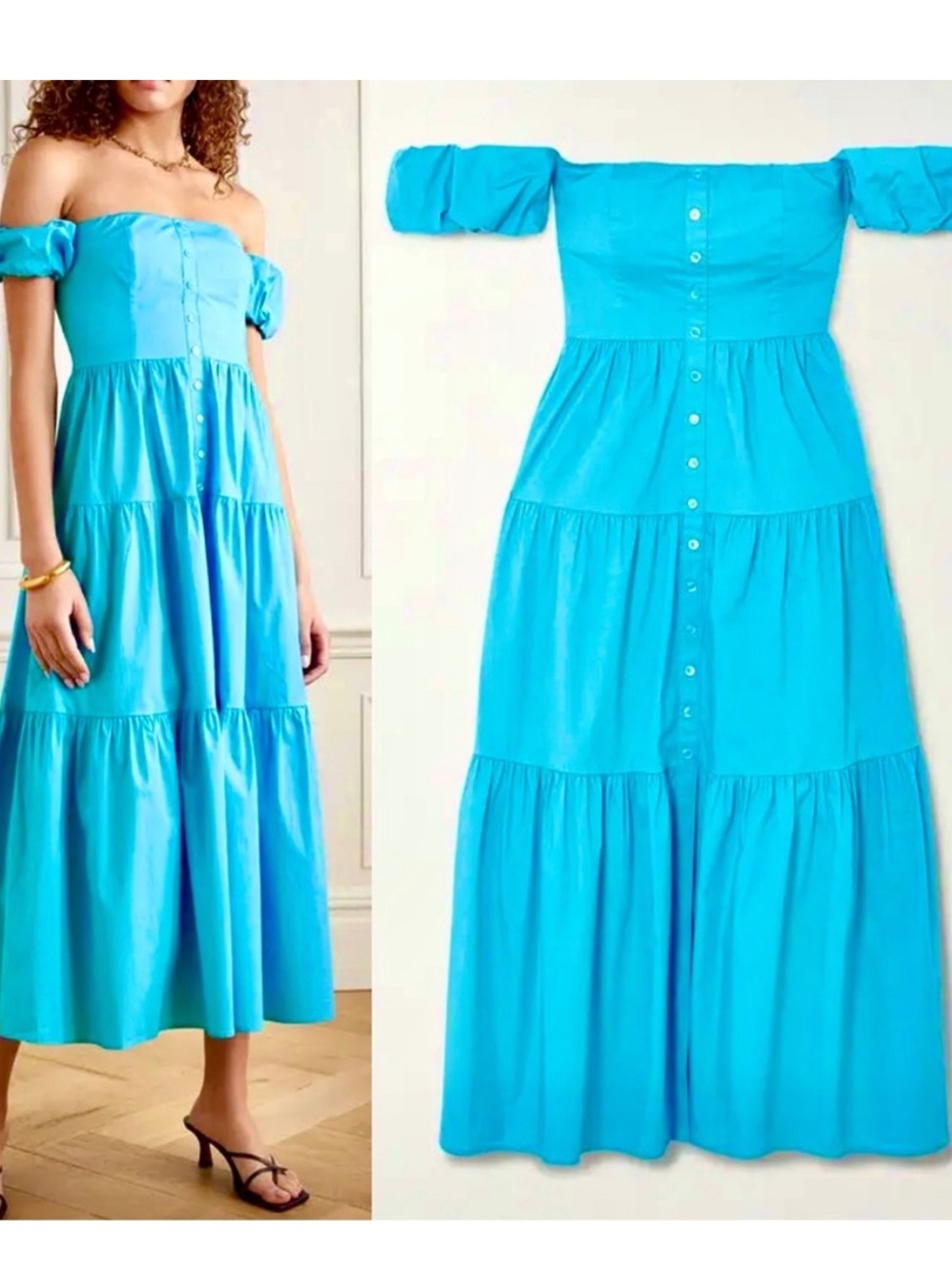 Staud Elio Off-The-Shoulder Tiered Poplin Midi Dress in Bright Blue, size 16 - Picture 5 of 7